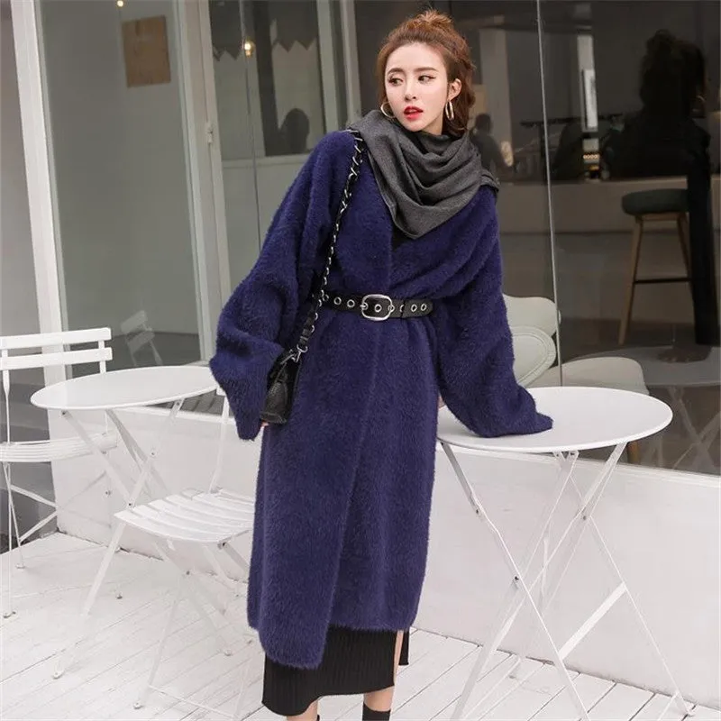 Wjczt discover style ideas Korean Style Autumn and Winter New Style Faux Mink Velvet Sweater Women's Cardigan Outer Wear over the Knee Long Loose Overcoat Women's Coat