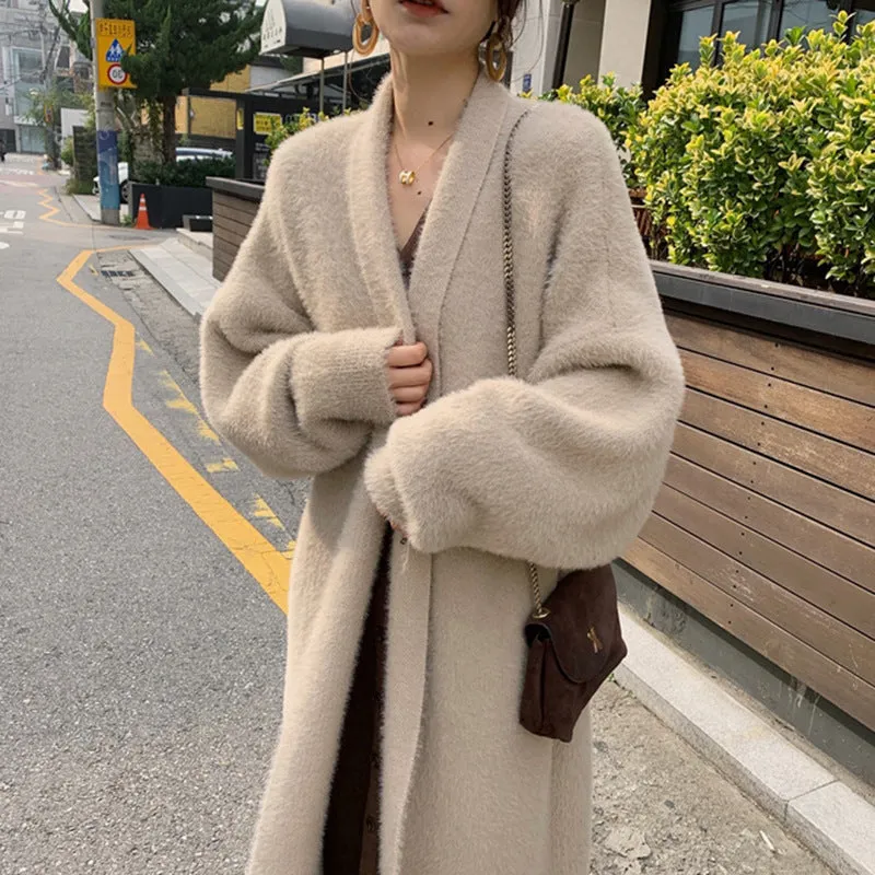 Wjczt discover style ideas Korean Style Autumn and Winter New Style Faux Mink Velvet Sweater Women's Cardigan Outer Wear over the Knee Long Loose Overcoat Women's Coat