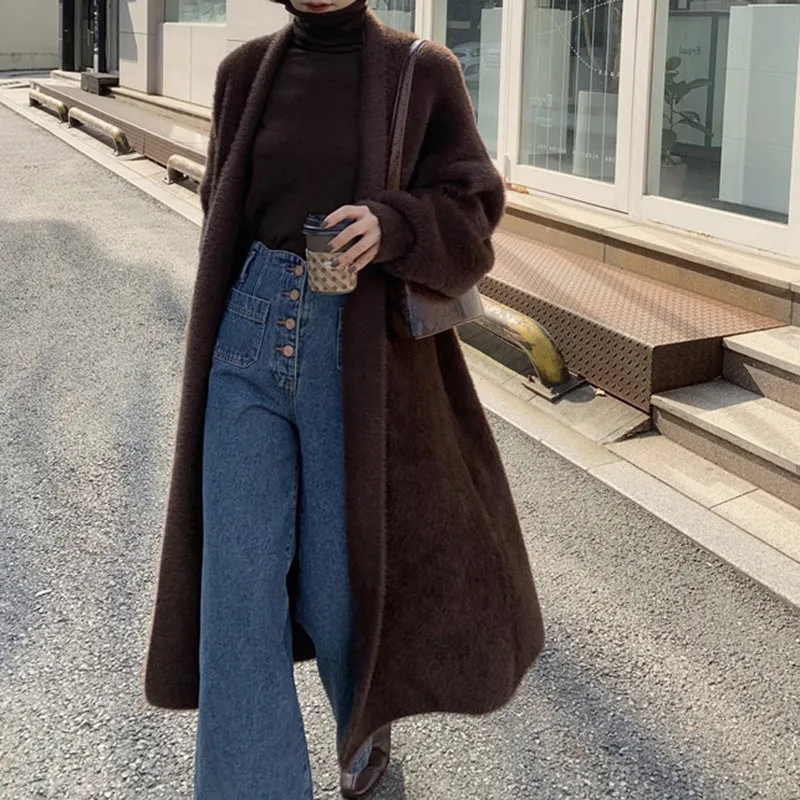 Wjczt discover style ideas Korean Style Autumn and Winter New Style Faux Mink Velvet Sweater Women's Cardigan Outer Wear over the Knee Long Loose Overcoat Women's Coat