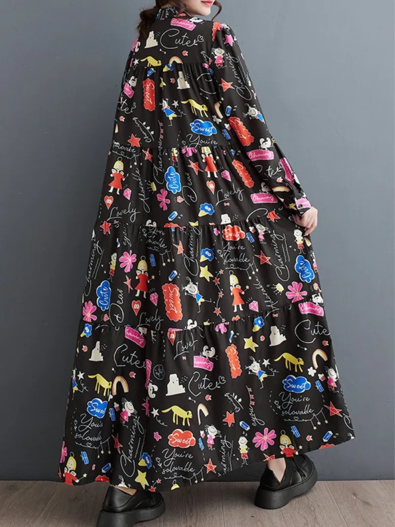 Women's Button-Up Printed Mid-Length Smock Dress