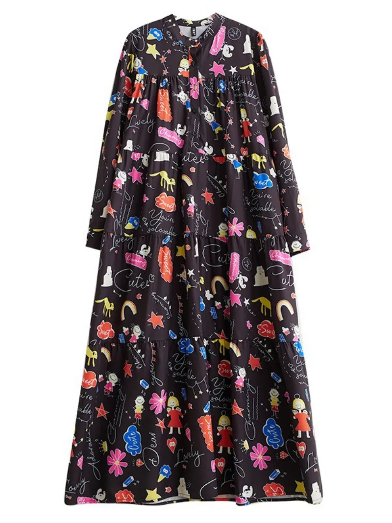 Women's Button-Up Printed Mid-Length Smock Dress