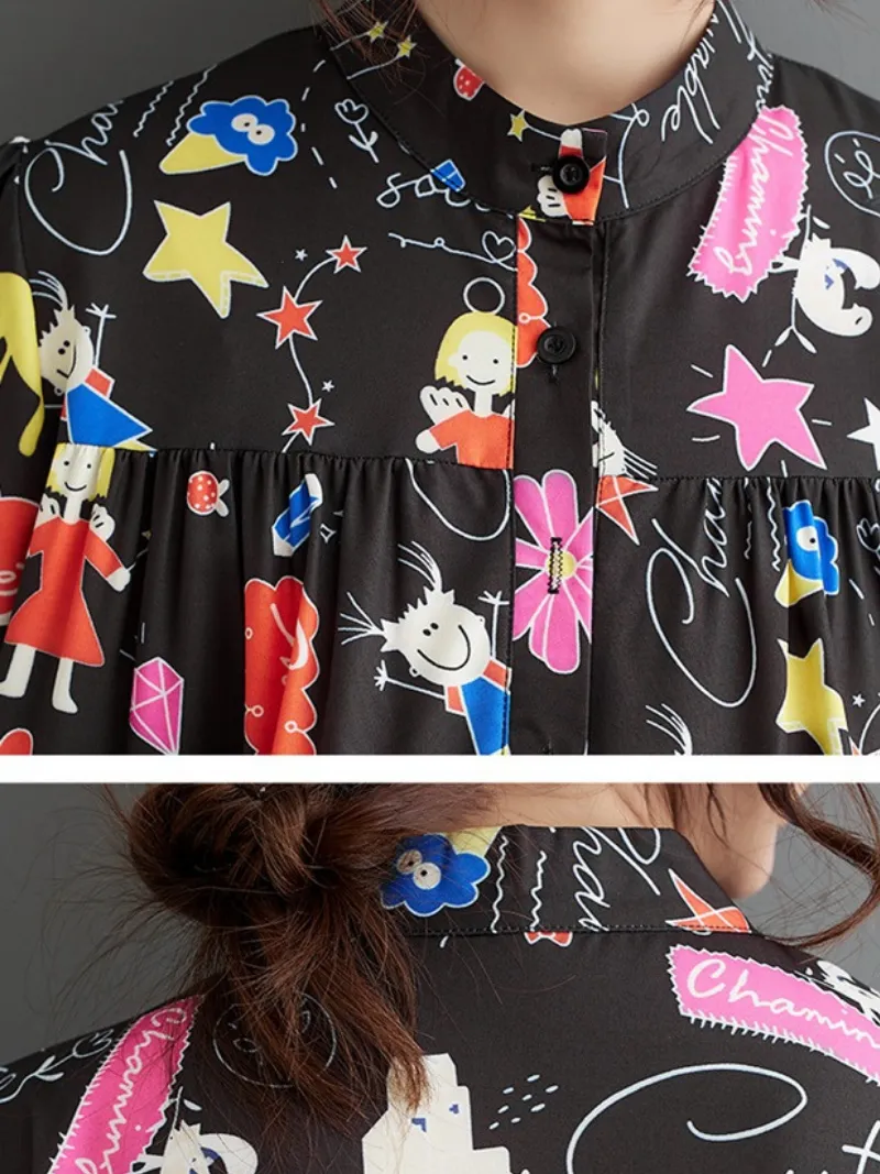 Women's Button-Up Printed Mid-Length Smock Dress
